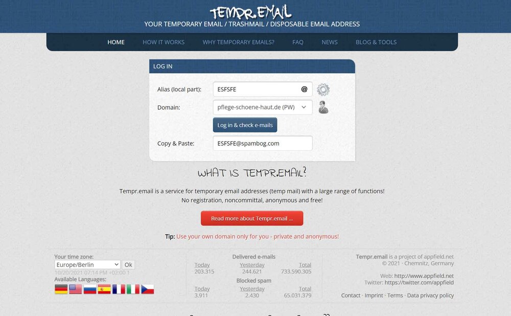 tempr.email website screenshot